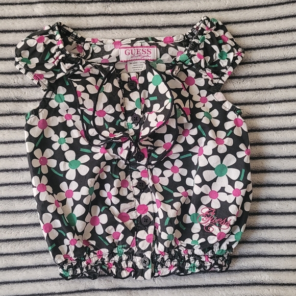 Guess Baby Girl Black/Green/Pink/White Floral Ruffle Top Size 12 Months - Picture 1 of 1
